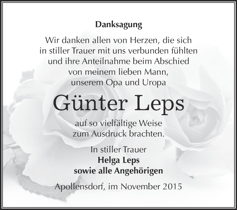  Traueranzeige für Günter Leps vom 05.12.2015 aus WVG - Wochenspiegel Wittenberg