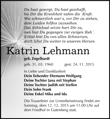 Traueranzeige von Katrin Lehmann von Mitteldeutsche Zeitung Halle/Saalkreis