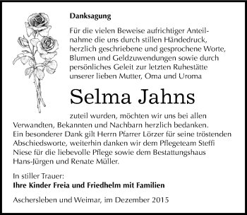 Traueranzeige von Selma Jahns von Mitteldeutsche Zeitung Aschersleben