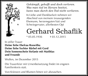 Traueranzeige von Gerhard Schaflik von Mitteldeutsche Zeitung Bitterfeld