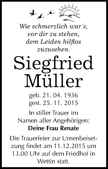 Traueranzeige von Siegfried Müller von Mitteldeutsche Zeitung Halle/Saalkreis