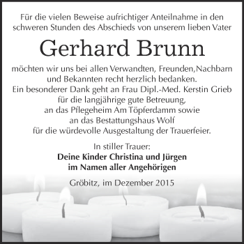 Traueranzeige von Gerhard Brunn von WVG - Wochenspiegel NMB / WSF / ZTZ