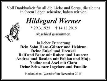 Traueranzeige von Hildegard Werner von Mitteldeutsche Zeitung Quedlinburg
