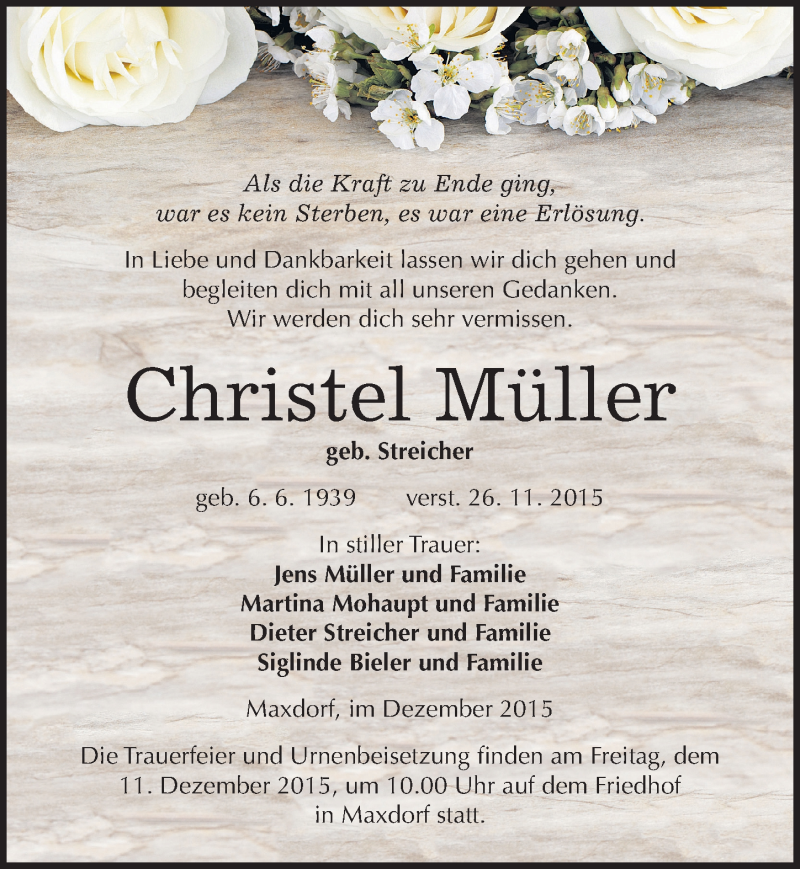  Traueranzeige für Christel Müller vom 01.12.2015 aus Mitteldeutsche Zeitung Köthen