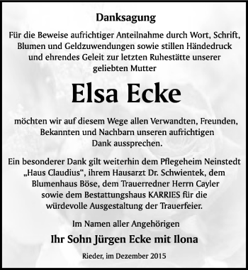 Traueranzeige von Elsa Ecke von Mitteldeutsche Zeitung Quedlinburg