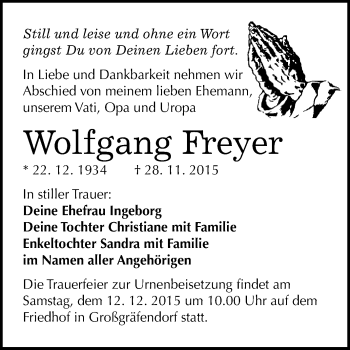 Traueranzeige von Wolfgang Freyer von WVG - Wochenspiegel Merseburg