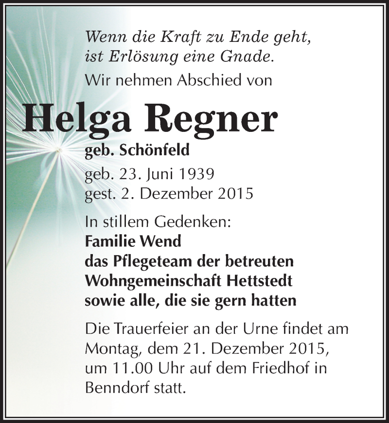  Traueranzeige für Helga Regner vom 12.12.2015 aus Mitteldeutsche Zeitung Mansfelder Land