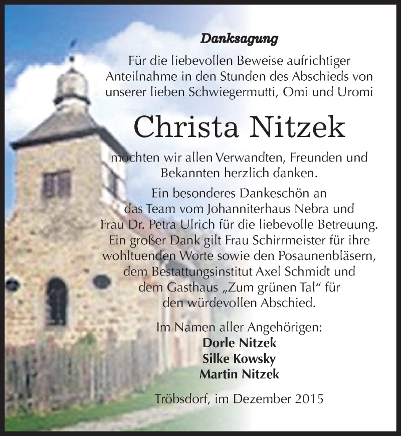  Traueranzeige für Christa Nitzek vom 19.12.2015 aus Mitteldeutsche Zeitung Naumburg/Nebra