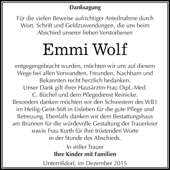 Traueranzeige von Emmi Wolf von Wochenspiegel Mansfelder Land