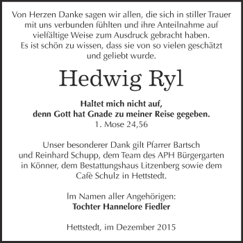 Traueranzeige von Hedwig Ryl von Super Sonntag SGH Mansf. Land