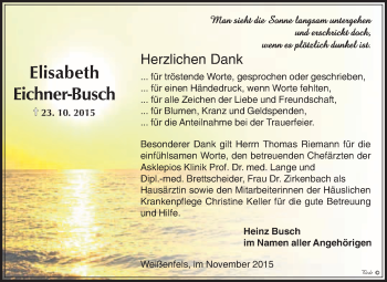 Traueranzeige von Elisabeth Eichner-Busch von WVG - Wochenspiegel NMB / WSF / ZTZ