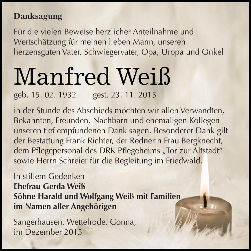  Traueranzeige für Manfred Weiß vom 12.12.2015 aus Super Sonntag SGH Mansf. Land