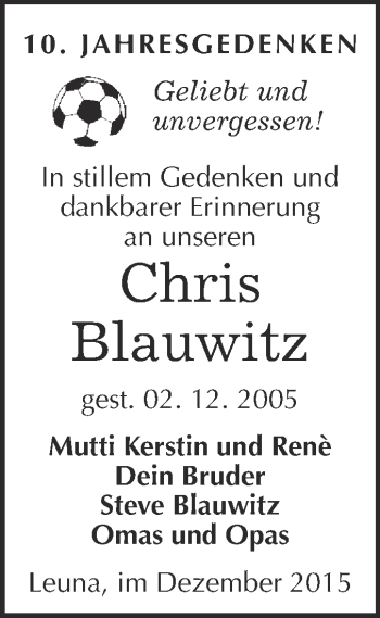 Traueranzeige von Chris Blauwitz von Super Sonntag Merseburg