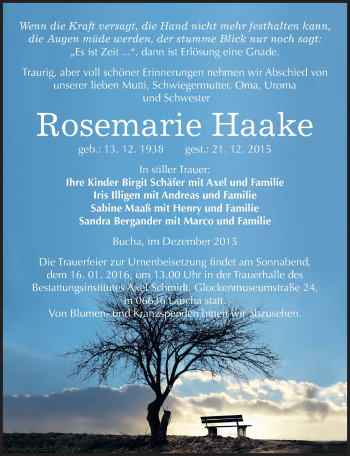 Traueranzeige von Rosemarie Haake von Mitteldeutsche Zeitung Naumburg/Nebra