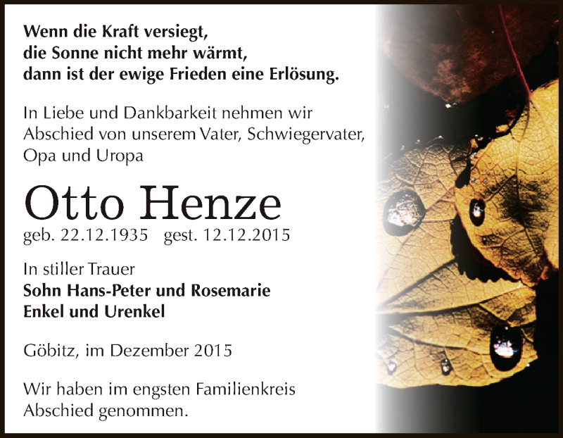  Traueranzeige für Otto Henze vom 19.12.2015 aus Super Sonntag Zeitz