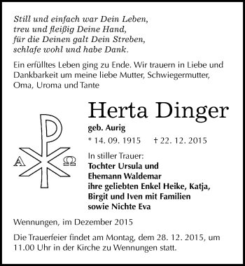 Traueranzeige von Herta Dinger von Mitteldeutsche Zeitung Naumburg/Nebra