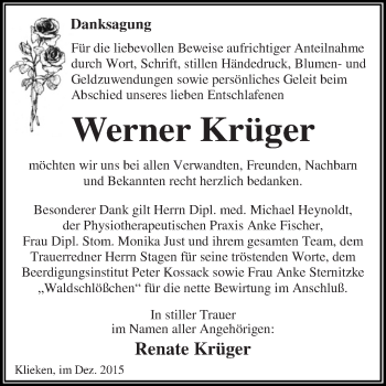 Traueranzeige von Werner Krüger von WVG - Wochenspiegel Dessau / Köthen