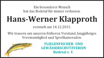 Traueranzeige von Hans-Werner Klapproth von Super Sonntag Quedlinburg