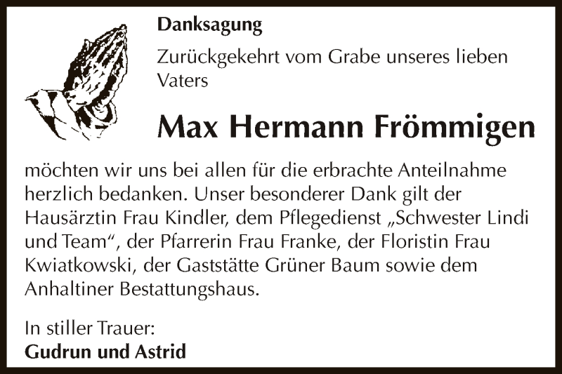  Traueranzeige für Max Hermann Frömmigen vom 30.12.2015 aus WVG - Wochenspiegel Dessau / Köthen
