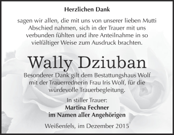 Traueranzeige von Wally Dziuban von WVG - Wochenspiegel NMB / WSF / ZTZ