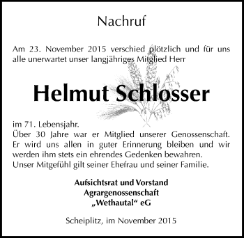 Traueranzeige von Helmut Schlosser von Mitteldeutsche Zeitung Naumburg/Nebra