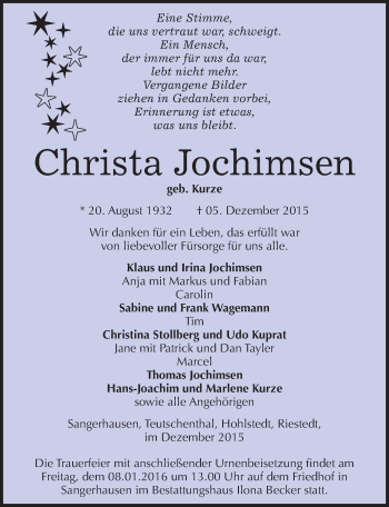 Traueranzeige von Christa Jochimsen von Mitteldeutsche Zeitung Sangerhausen