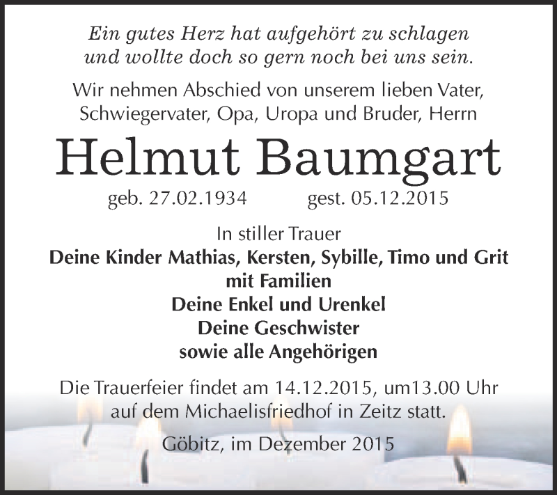  Traueranzeige für Helmut Baumgart vom 09.12.2015 aus WVG - Wochenspiegel NMB / WSF / ZTZ
