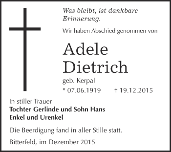 Traueranzeige von Adele Dietrich von WVG - Wochenspiegel Bitterfeld