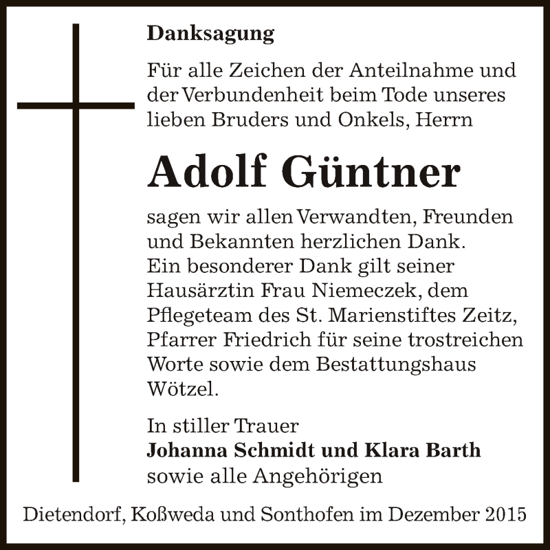  Traueranzeige für Adolf Güntner vom 19.12.2015 aus Super Sonntag Zeitz