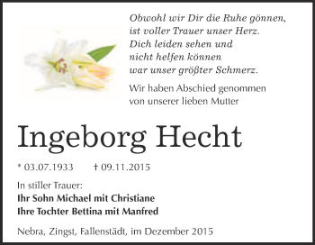 Traueranzeige von Ingeborg Hecht von WVG - Wochenspiegel NMB / WSF / ZTZ