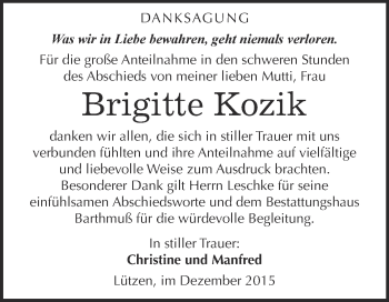 Traueranzeige von Brigitte Kozik von WVG - Wochenspiegel Merseburg