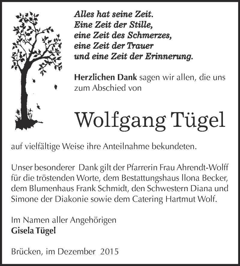  Traueranzeige für Wolfgang Tügel vom 12.12.2015 aus Super Sonntag SGH Mansf. Land