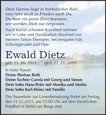 Traueranzeige von Ewald Dietz von Mitteldeutsche Zeitung Merseburg/Querfurt