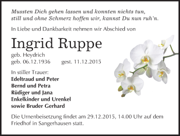 Traueranzeige von Ingrid Ruppe von Mitteldeutsche Zeitung Sangerhausen