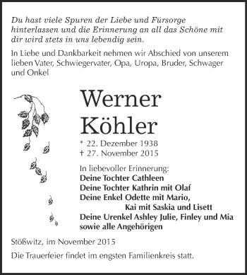 Traueranzeige von Werner Köhler von Super Sonntag Merseburg