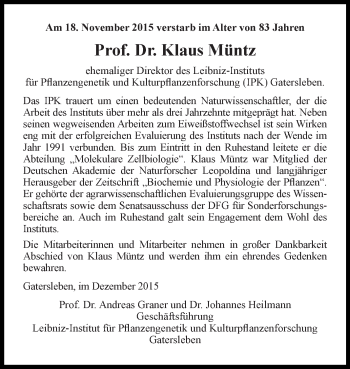 Traueranzeige von Klaus Müntz von Super Sonntag Aschersleben