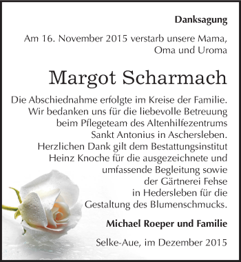 Traueranzeige von Margot Scharmach von Mitteldeutsche Zeitung Aschersleben