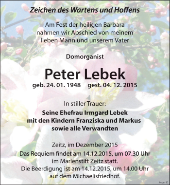 Traueranzeige von Peter Lebek von Mitteldeutsche Zeitung Zeitz