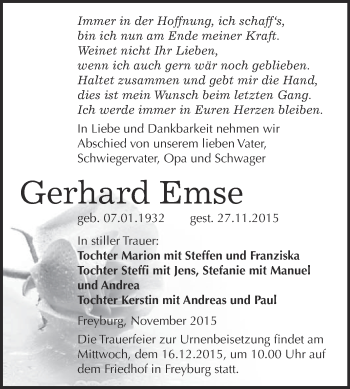 Traueranzeige von Gerhard Emse von WVG - Wochenspiegel NMB / WSF / ZTZ