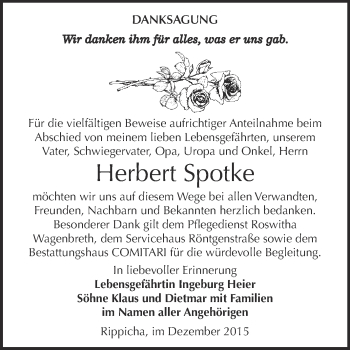 Traueranzeige von Herbert Spotke von Super Sonntag Zeitz