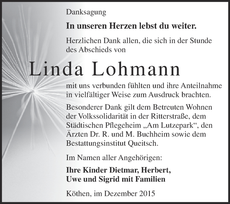  Traueranzeige für Linda Lohmann vom 19.12.2015 aus WVG - Wochenspiegel Dessau / Köthen