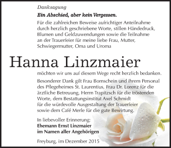 Traueranzeige von Hanna Linzmaier von Mitteldeutsche Zeitung Naumburg/Nebra