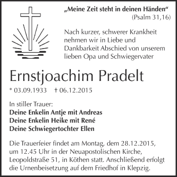 Traueranzeige von Ernstjoachim Pradelt von WVG - Wochenspiegel Dessau / Köthen