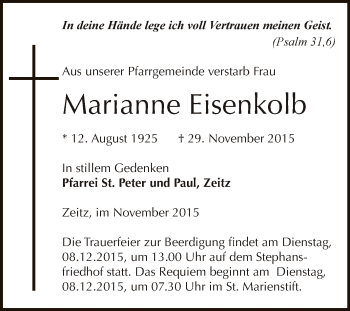 Traueranzeige von Marianne Eisenkolb von Super Sonntag Zeitz
