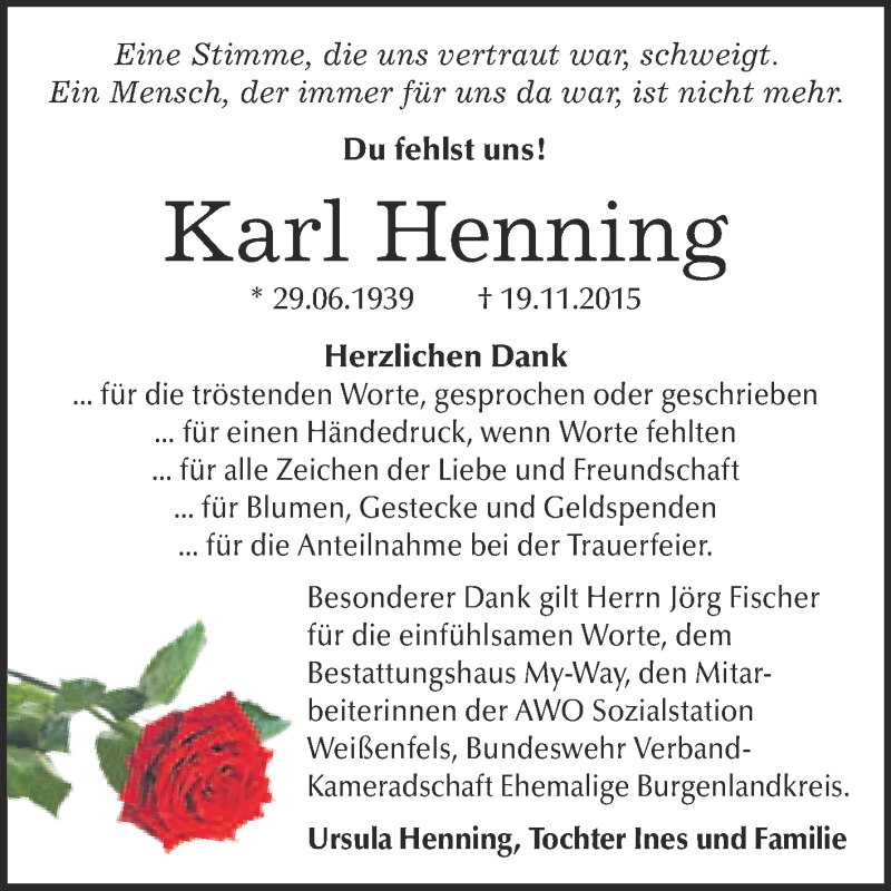  Traueranzeige für Karl Henning vom 16.12.2015 aus WVG - Wochenspiegel NMB / WSF / ZTZ