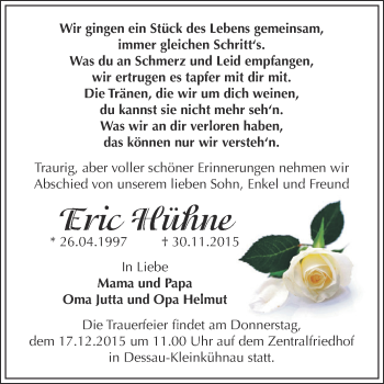 Traueranzeige von Eric Hühne von WVG - Wochenspiegel Dessau / Köthen