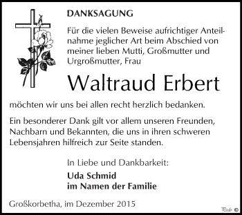 Traueranzeige von Waltraud Erbert von WVG - Wochenspiegel NMB / WSF / ZTZ