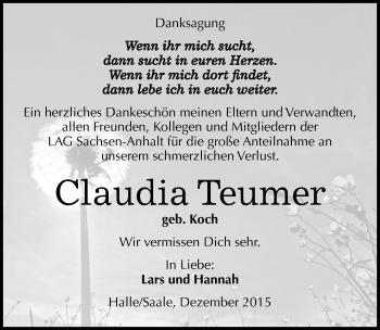 Traueranzeige von Claudia Teumer von Mitteldeutsche Zeitung Halle/Saalkreis