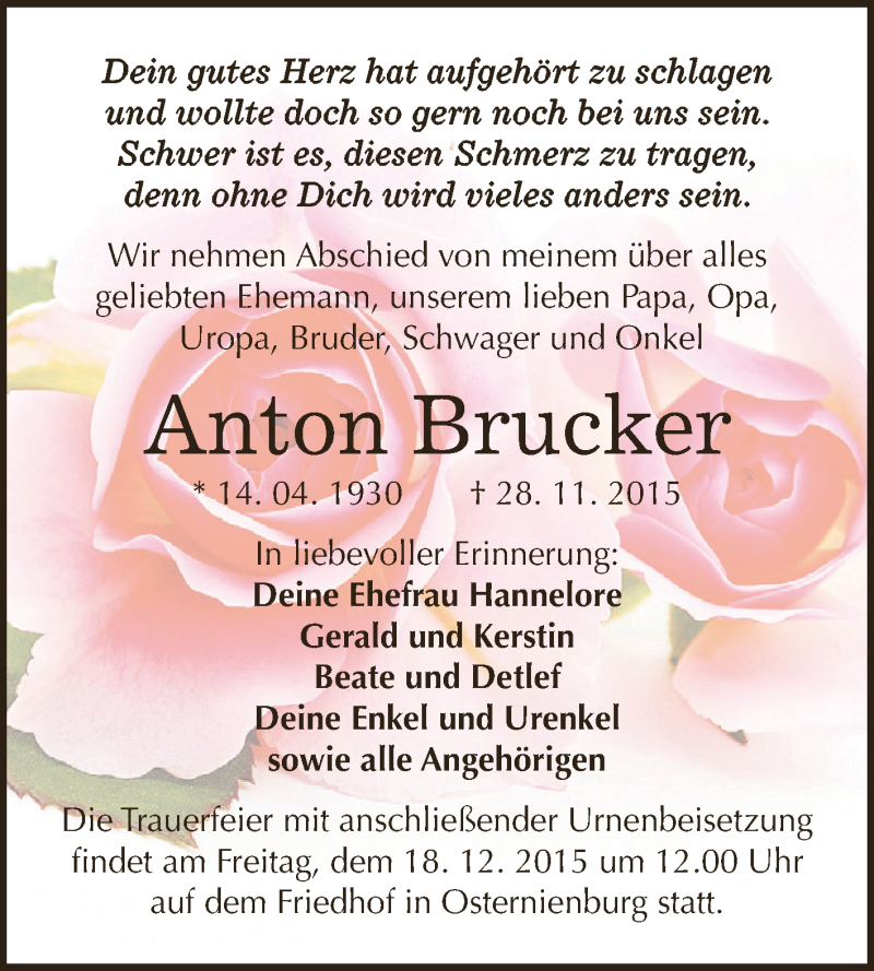  Traueranzeige für Anton Brucker vom 05.12.2015 aus WVG - Wochenspiegel Dessau / Köthen