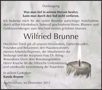 Traueranzeige von Wilfried Brunne von Super Sonntag Aschersleben